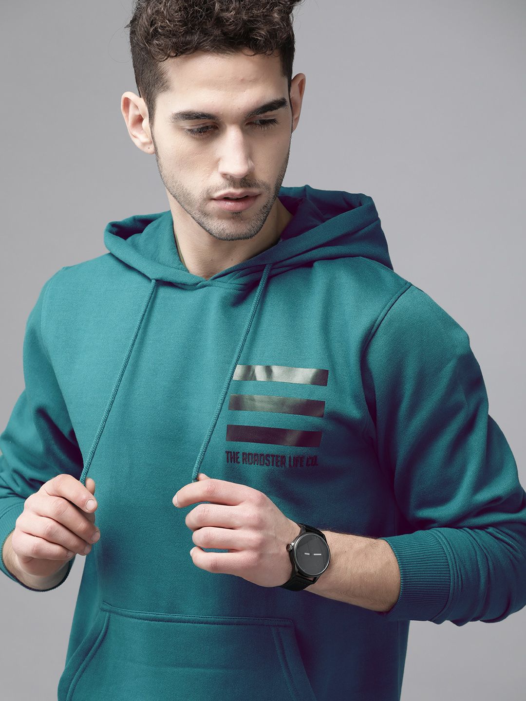Roadster Men Teal Blue Solid Hooded Sweatshirt with Printed Detail