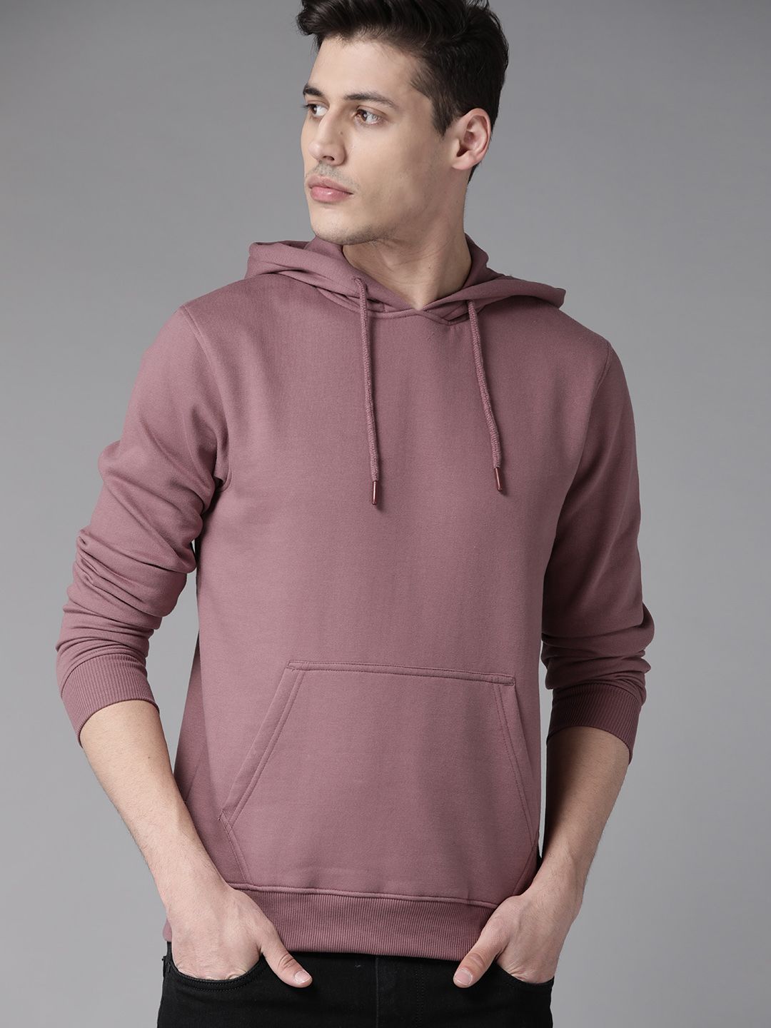 Roadster Men Mauve Solid Hooded Sweatshirt