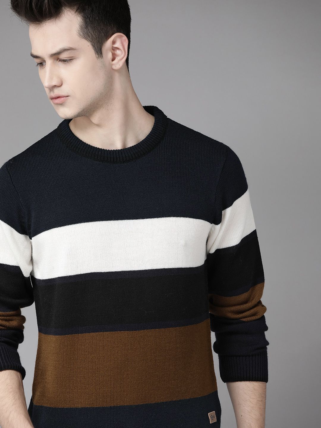 Roadster Men Navy Blue u0026 White Colourblocked Pullover Sweater - Price  History