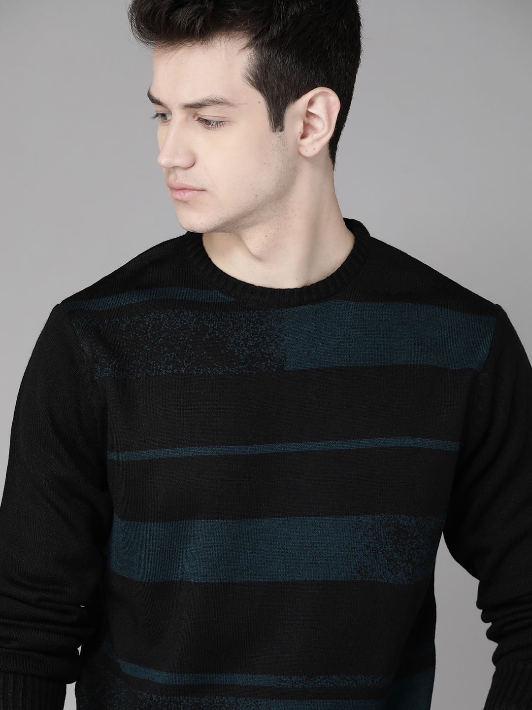 Roadster Men Black & Teal Blue Striped Pullover