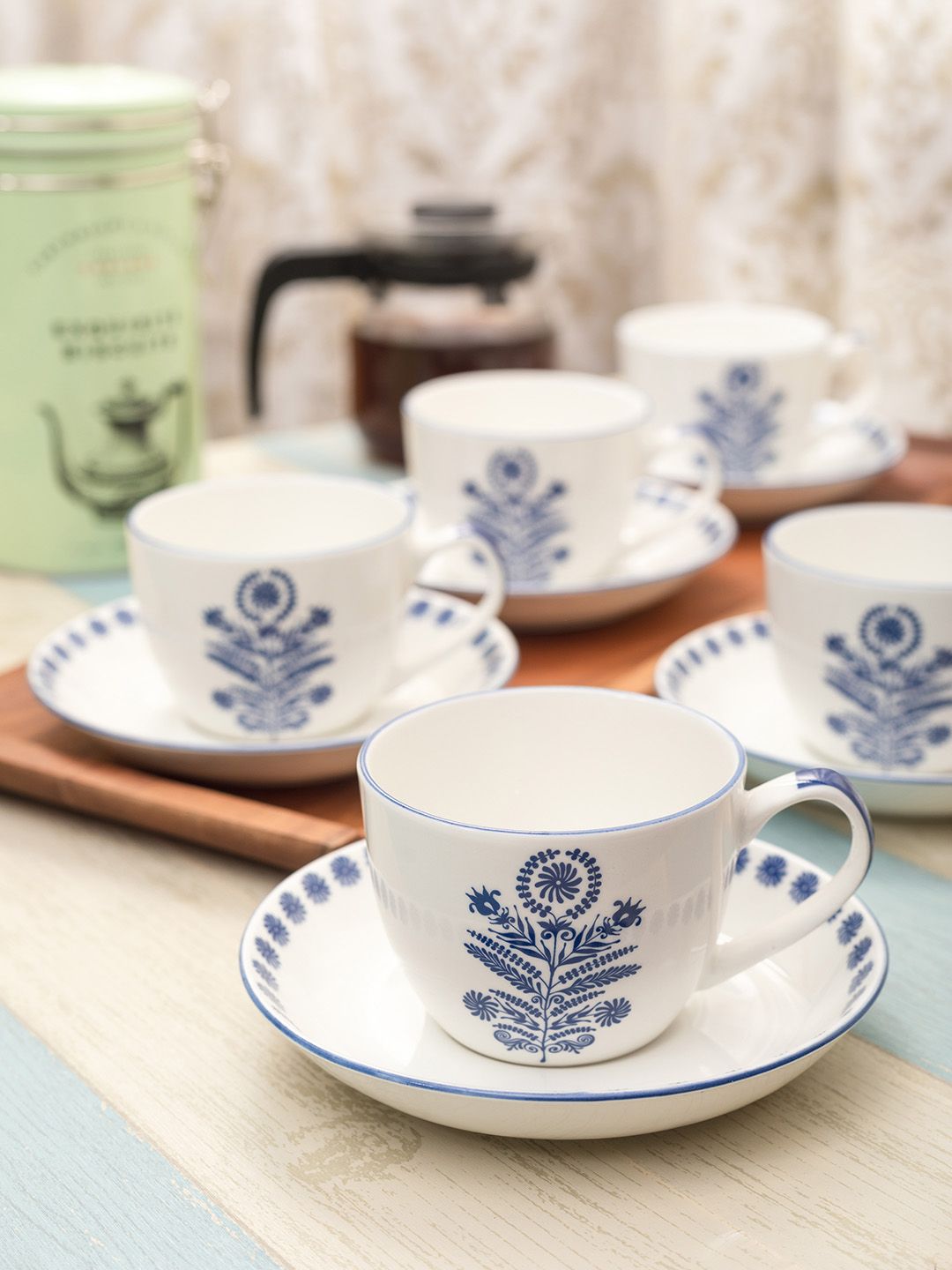 GOODHOMES Set Of 12 White & Blue India Motif Design Bone China Cups & Saucers Price in India
