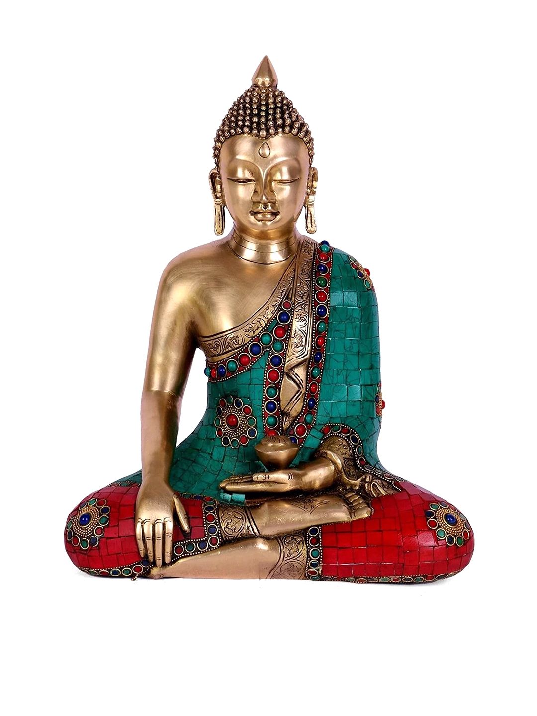 CraftVatika Gold-Toned & Green Handctrafted Bhumisparsha Mudra Buddha Statue Brass Showpiece Price in India
