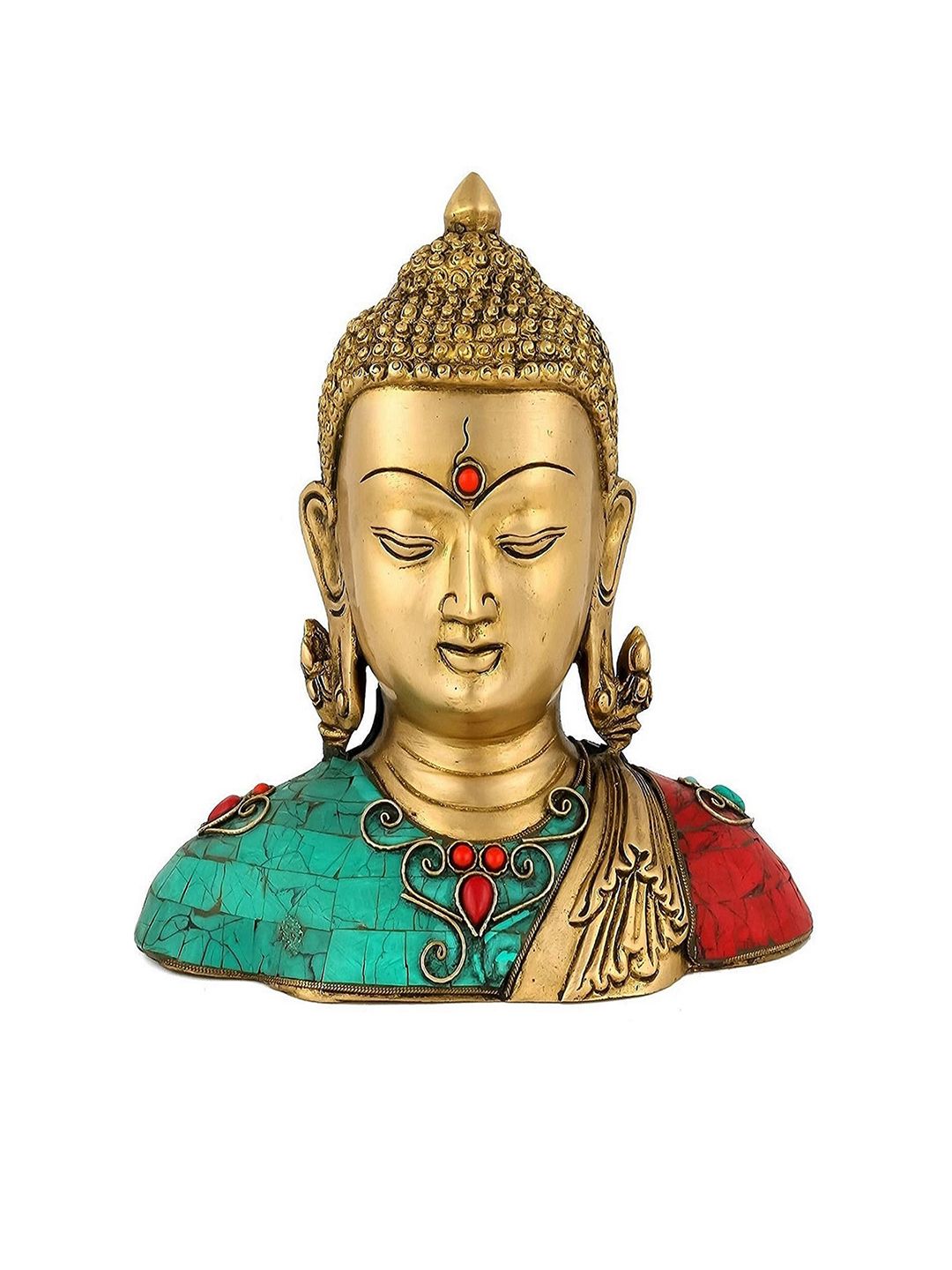 CraftVatika Gold-Toned & Green Buddha Bust Brass Sculpture Showpiece Price in India