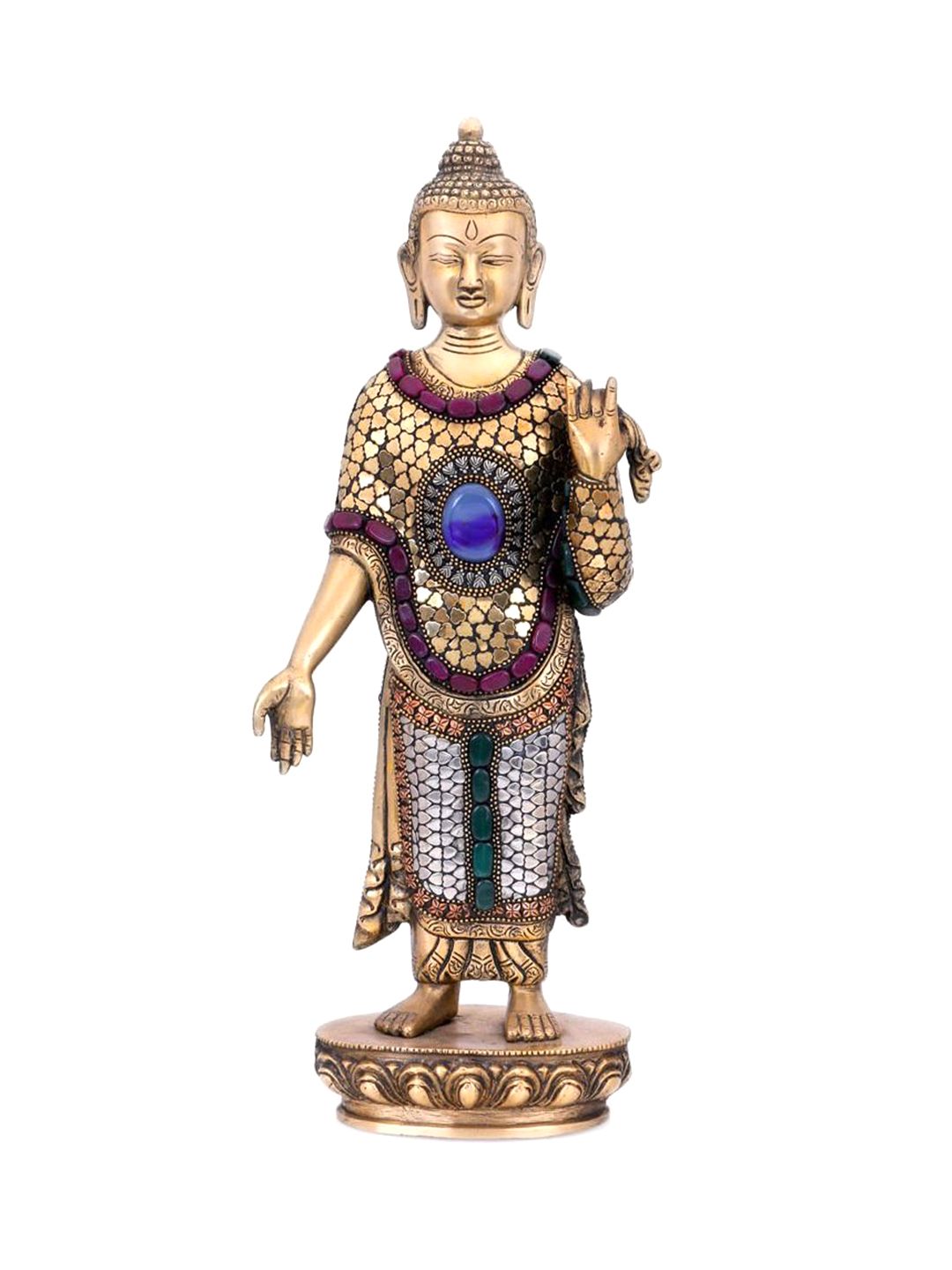 CraftVatika Gold-Toned & Blue Handmade Standing Buddha On Lotus Idol Showpiece Price in India