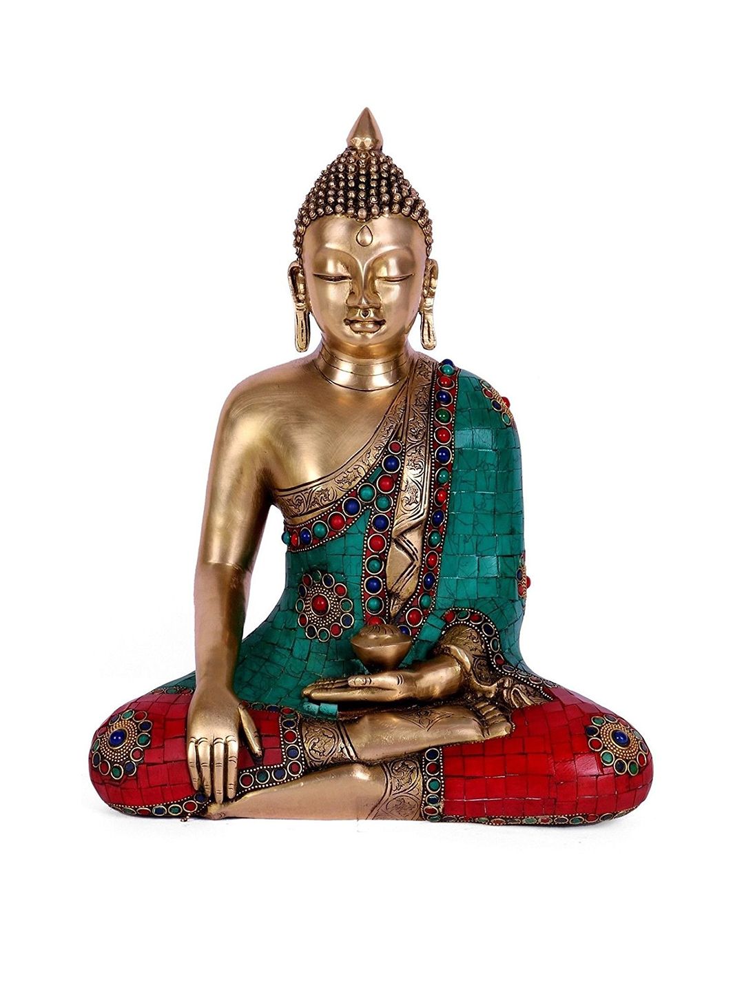 CraftVatika Gold-Toned & Green Brass Bhumisparsha Mudra Buddha Statue Showpiece Price in India