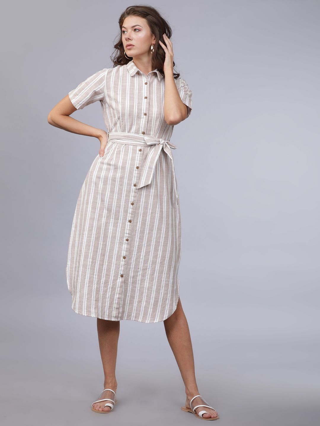 Tokyo Talkies Women Beige & White Striped Shirt Dress Price in India