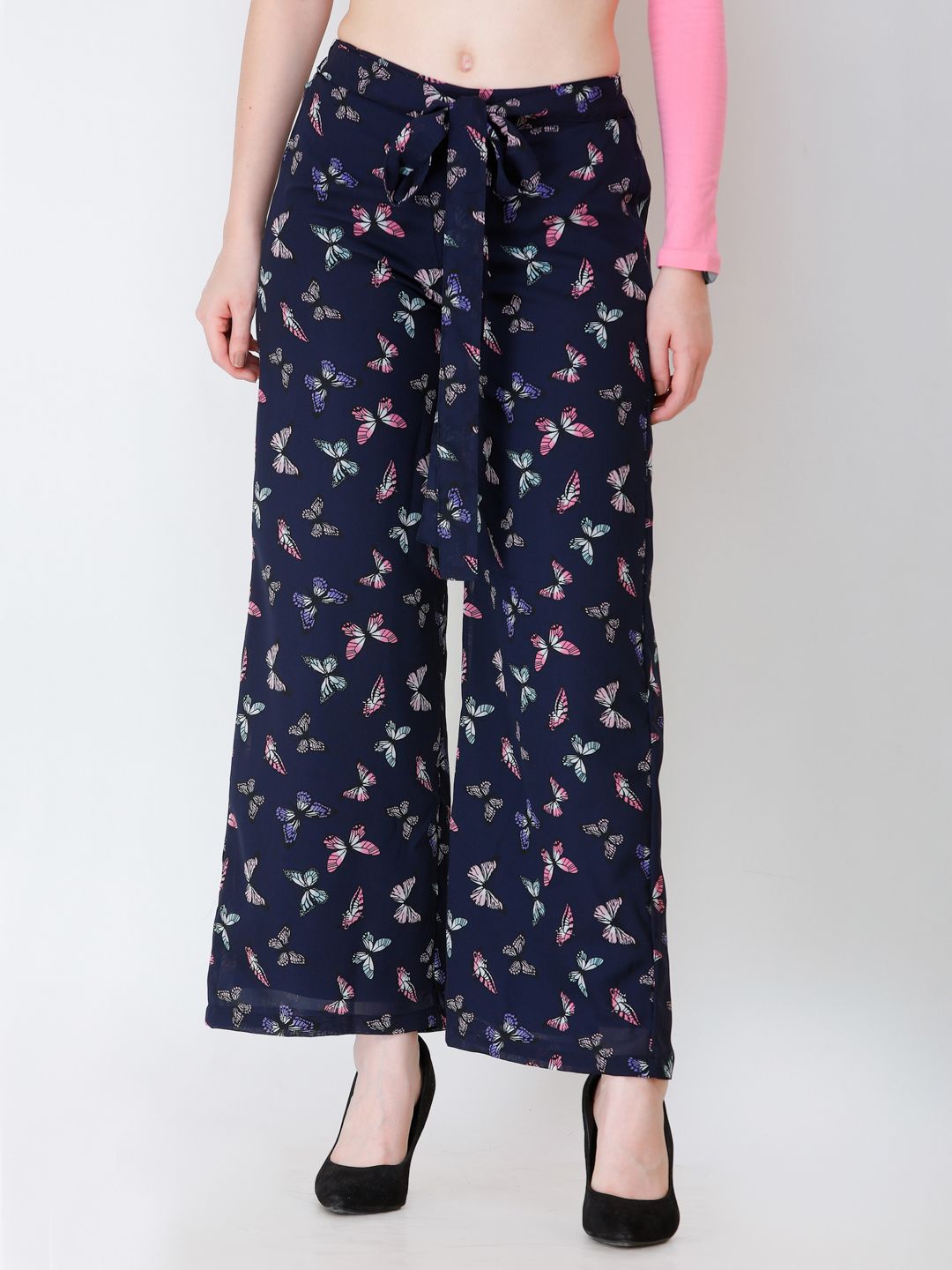 SCORPIUS Women Navy Blue & Black Regular Fit Printed Parallel Trousers Price in India