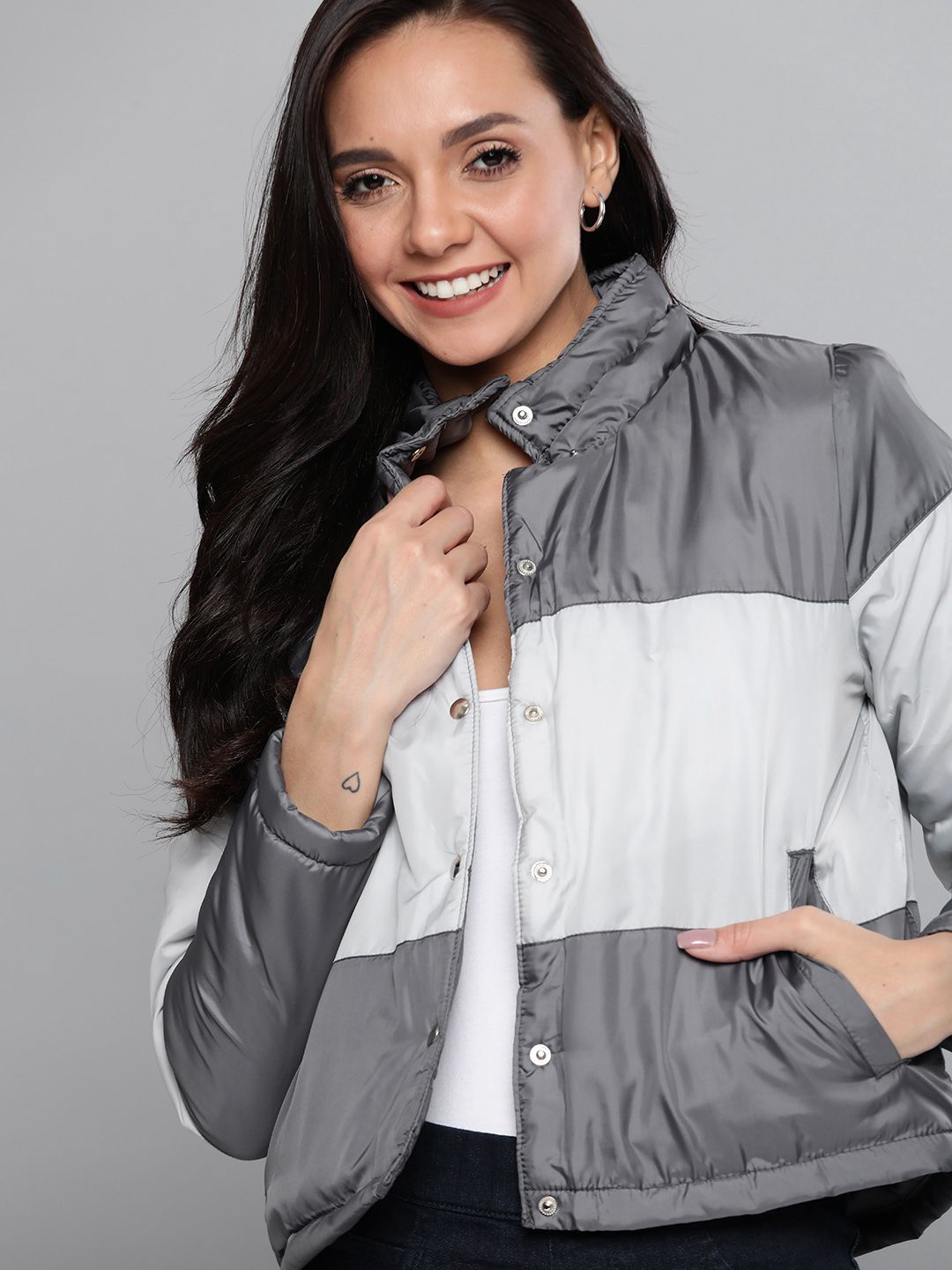 Mast & Harbour Women Grey Colourblocked Padded Jacket Price in India