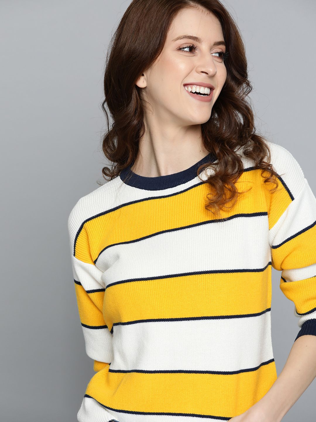Mast & Harbour Women Off-White & Musard Yellow Striped Pullover Sweater Price in India