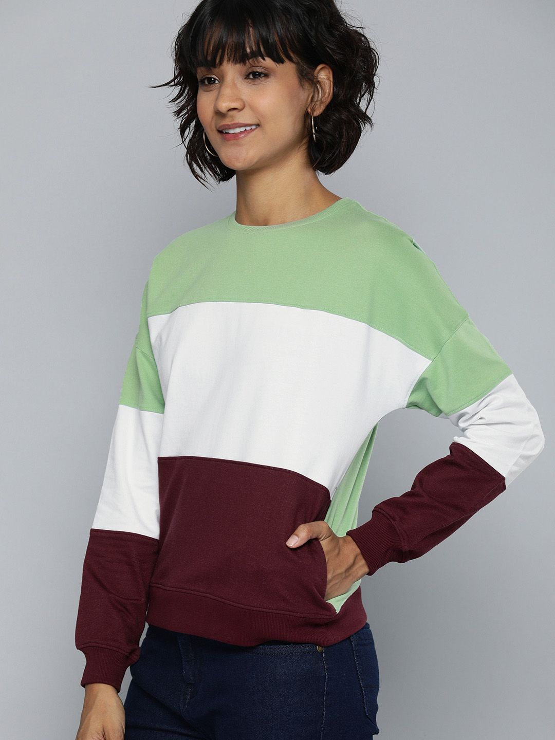 Mast & Harbour Women Green & White Colourblocked Pullover Sweatshirt Price in India
