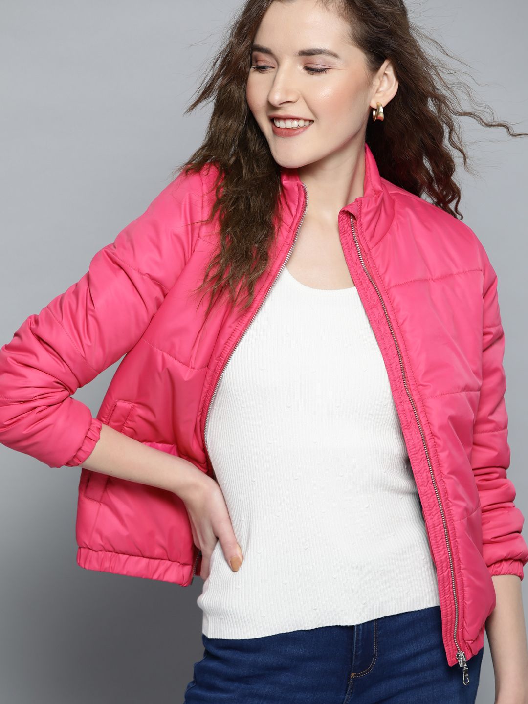 Mast & Harbour Women Pink Solid Padded Jacket Price in India