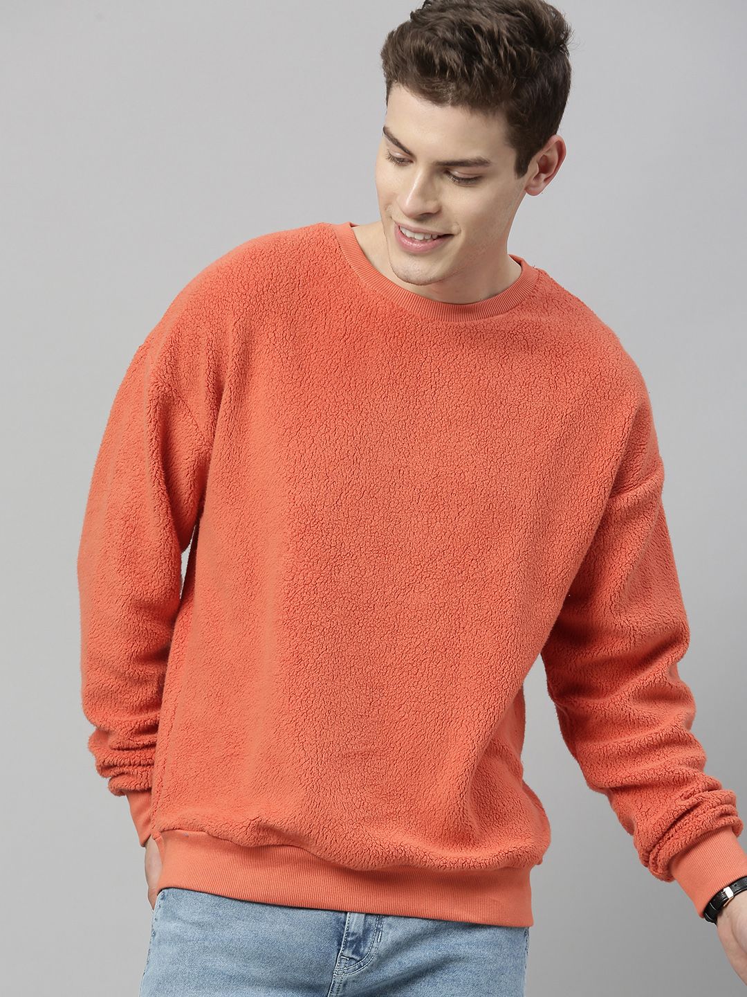 Mast & Harbour Men Orange Solid Pullover Sweatshirt