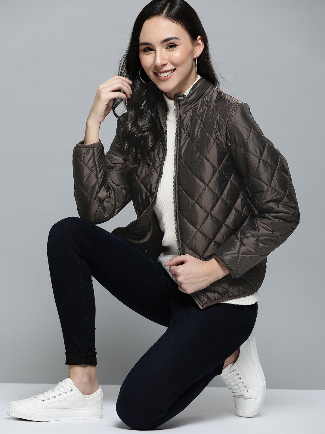 Mast & Harbour Women Coffee Brown Solid Quilted Jacket Price in India