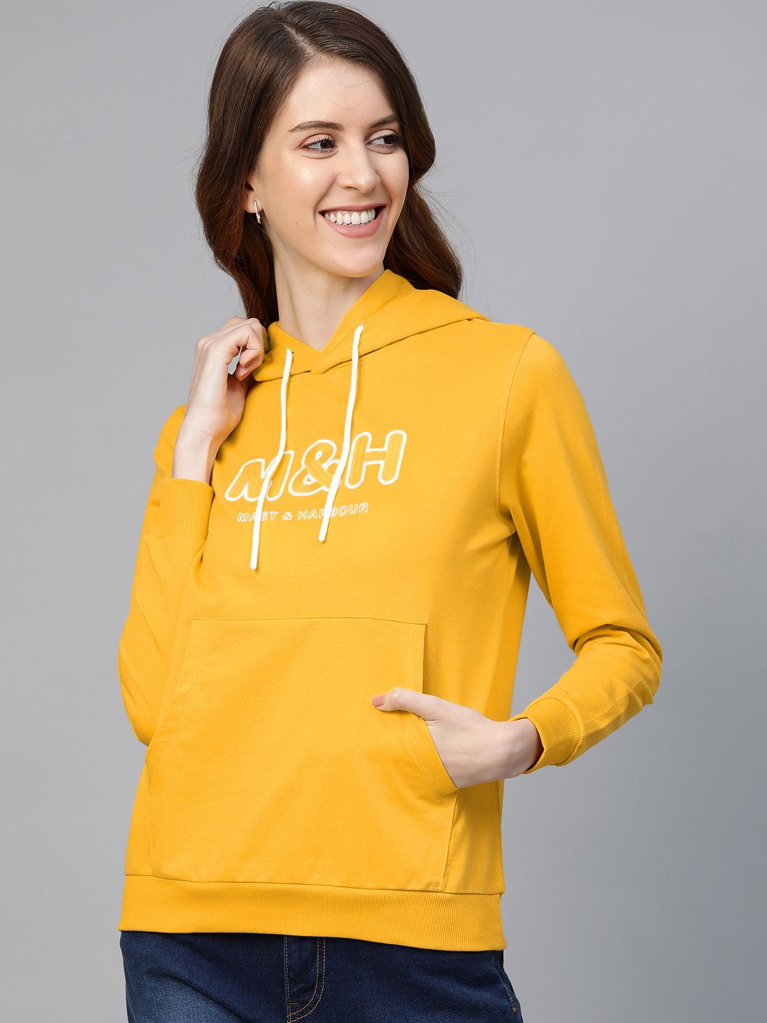Mast & Harbour Women Mustard Yellow & White Brand Logo Embroidered Hooded Sweatshirt Price in India