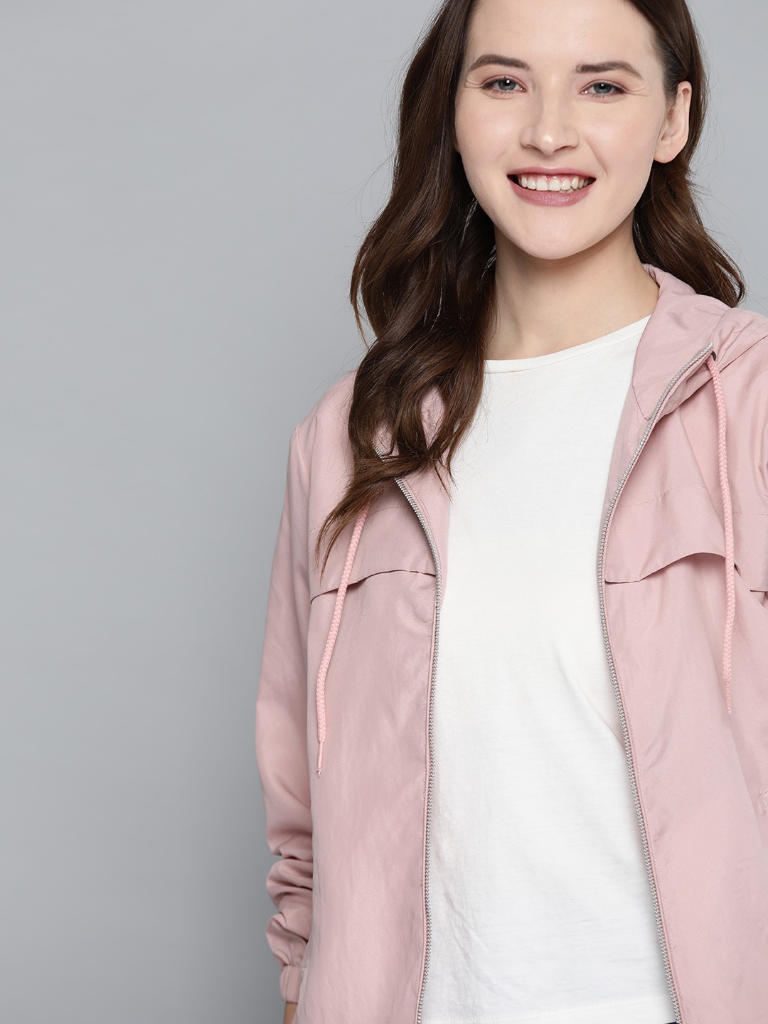 Mast & Harbour Women Pink Solid Lightweight Hooded Tailored Jacket Price in India
