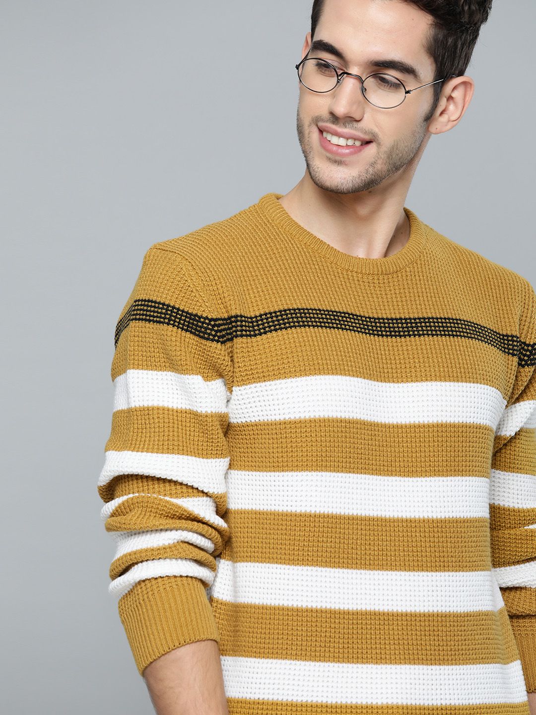 Mast & Harbour Men Mustard Yellow & White Striped Pullover Sweater