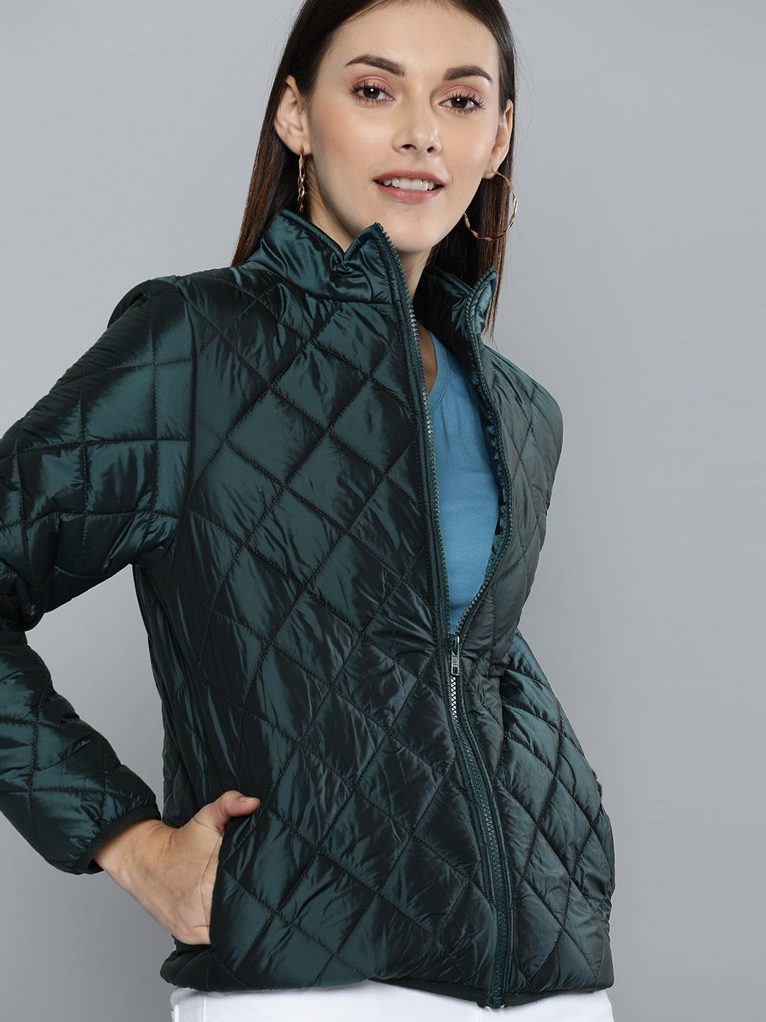 Mast & Harbour Women Green Solid Padded Jacket Price in India