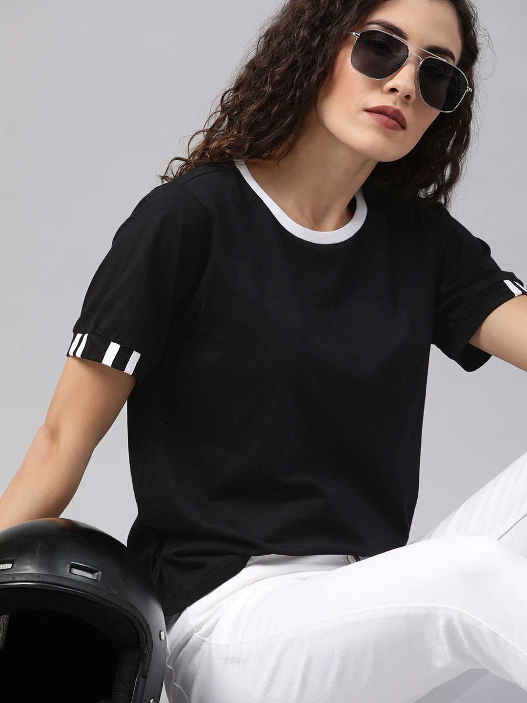 Roadster Women Black Solid Round Neck Pure Cotton T-shirt with Sleeve Stripes Price in India