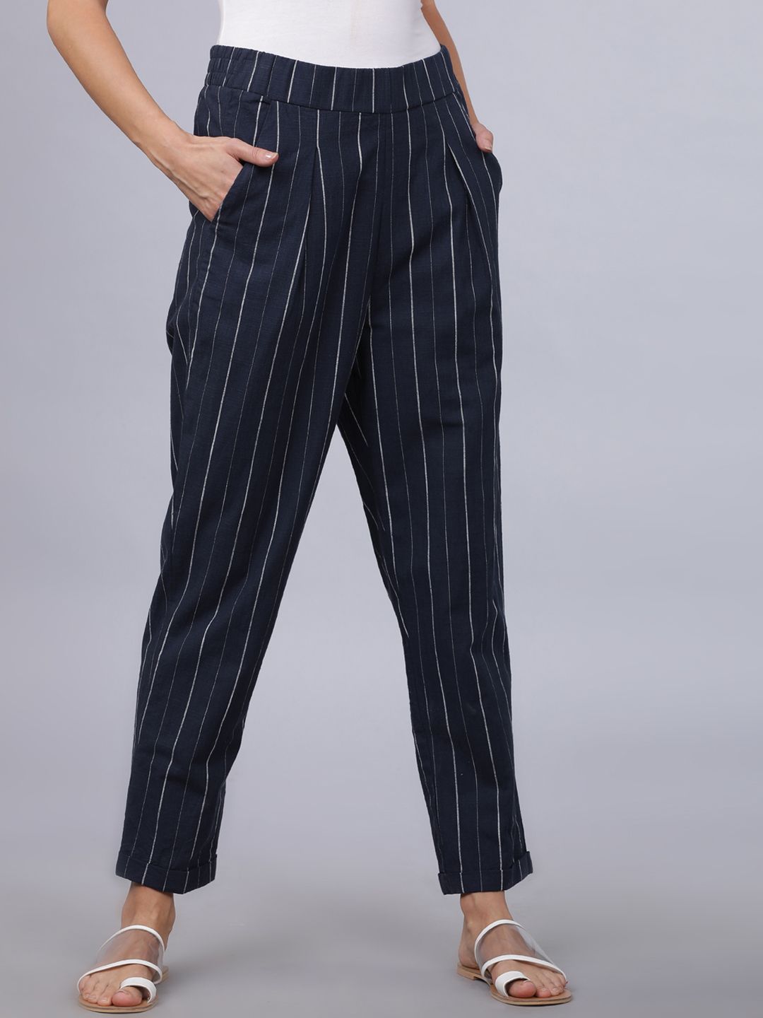 Tokyo Talkies Women Navy Blue & White Regular Fit Striped Trousers Price in India