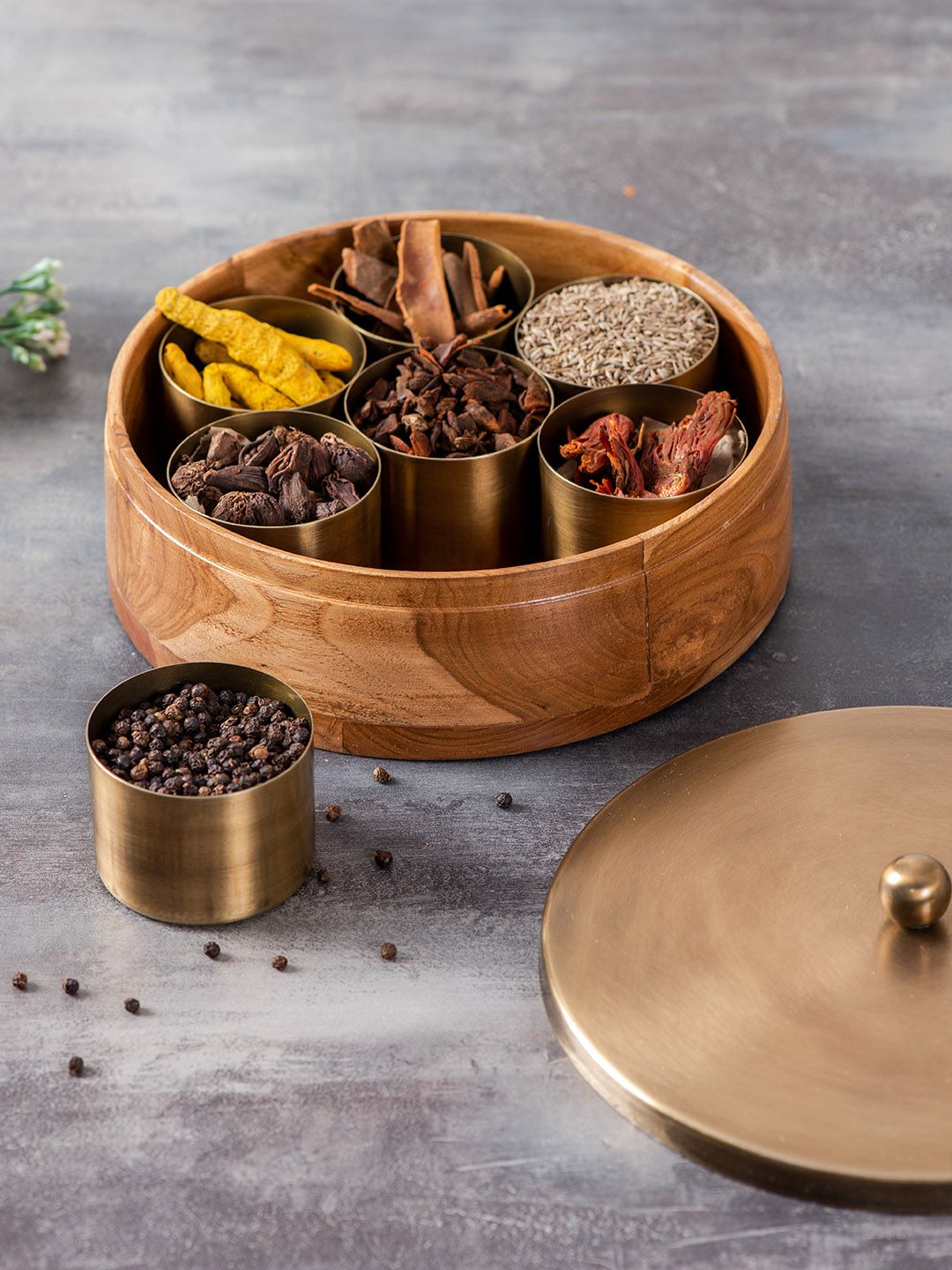 nestroots Gold-Toned Teak Wood Round Masala Box or Spice Jar Container with Brass Lid Price in India