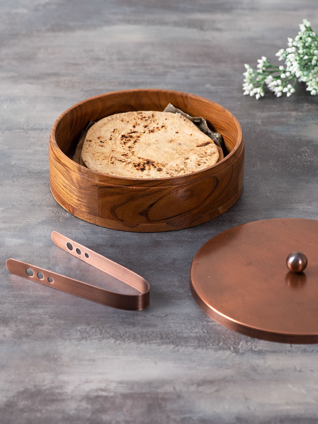 nestroots Brown Solid Mango Wood Round Chapati Box With Tong Price in India