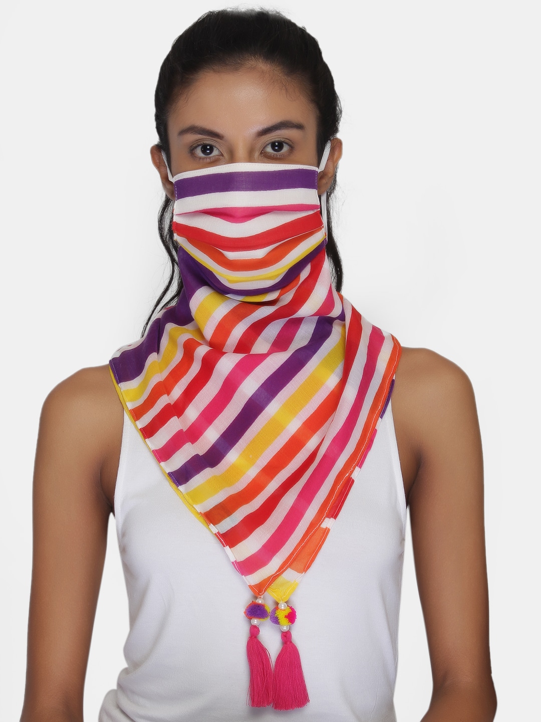 Anekaant Women Multi-coloured 3-Ply Reusable Striped Tesselled Scarf Style Fashion Mask Price in India