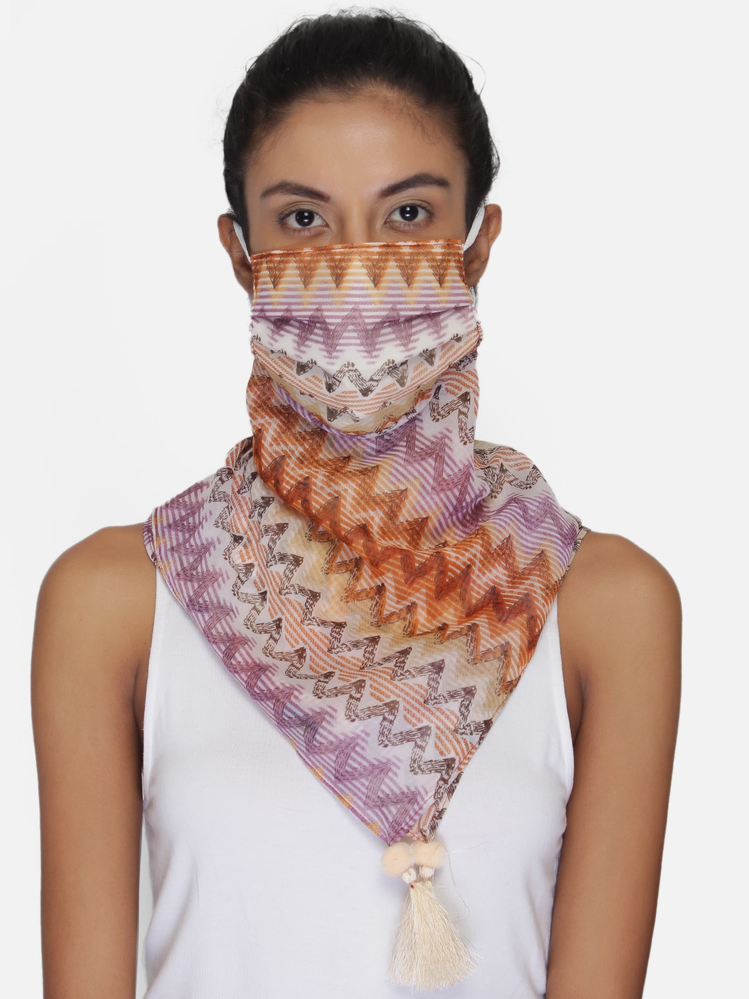 Anekaant Women Peach-Coloured & Purple Chevron 3-Ply Reusable Scarf Style Outdoor Masks Price in India
