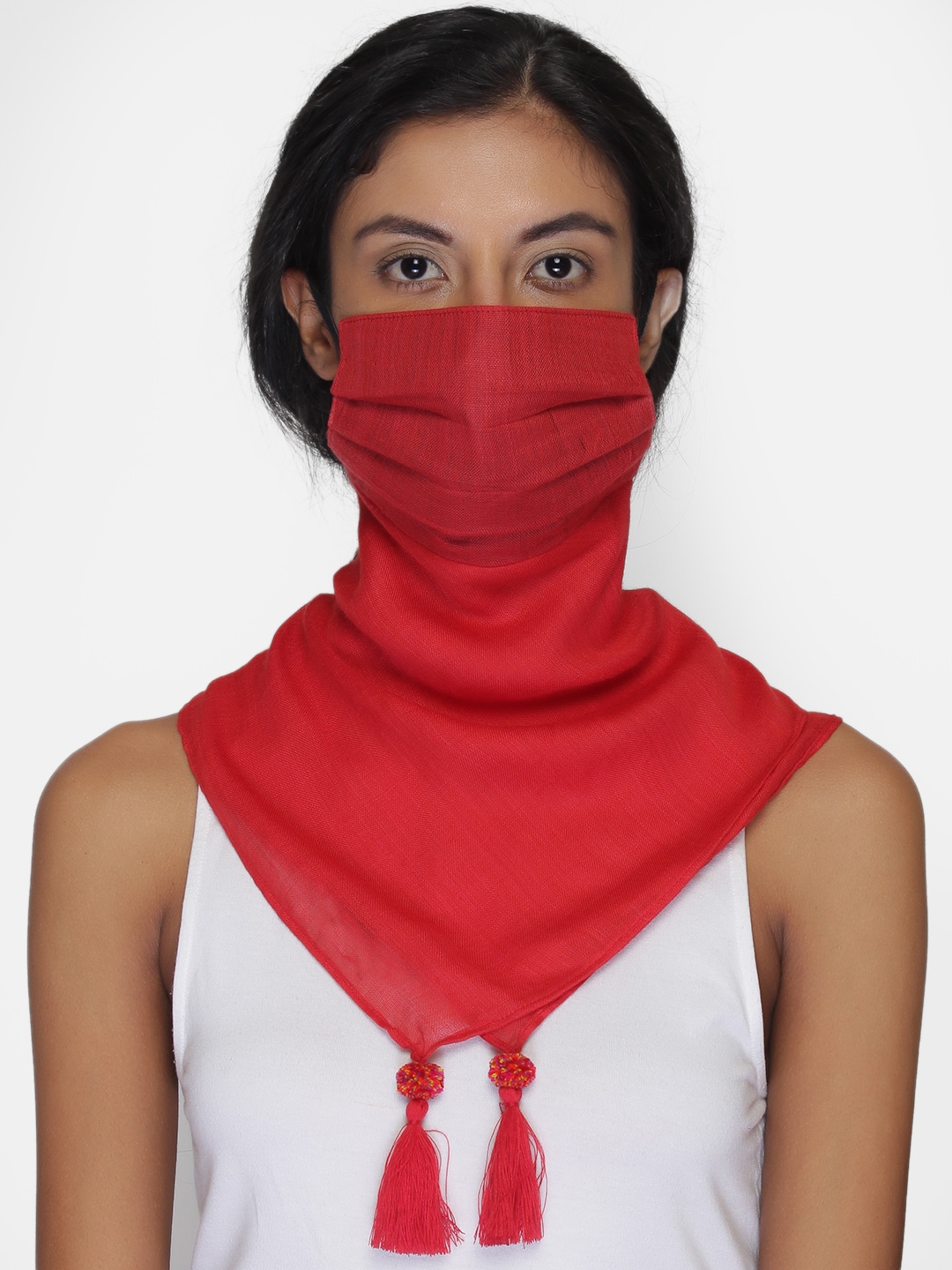 Anekaant Women Red 3-Ply Reusable Cotton Tesselled Scarf Style Fashion Mask Price in India