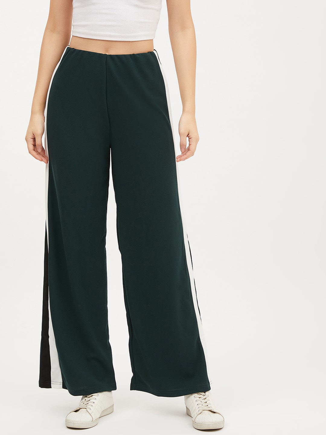 Harpa Women Green & White Smart Regular Fit Striped Parallel Trousers Price in India
