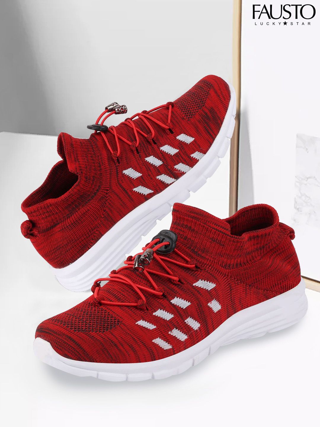 FAUSTO Men Red & White Mesh Walking Shoes
