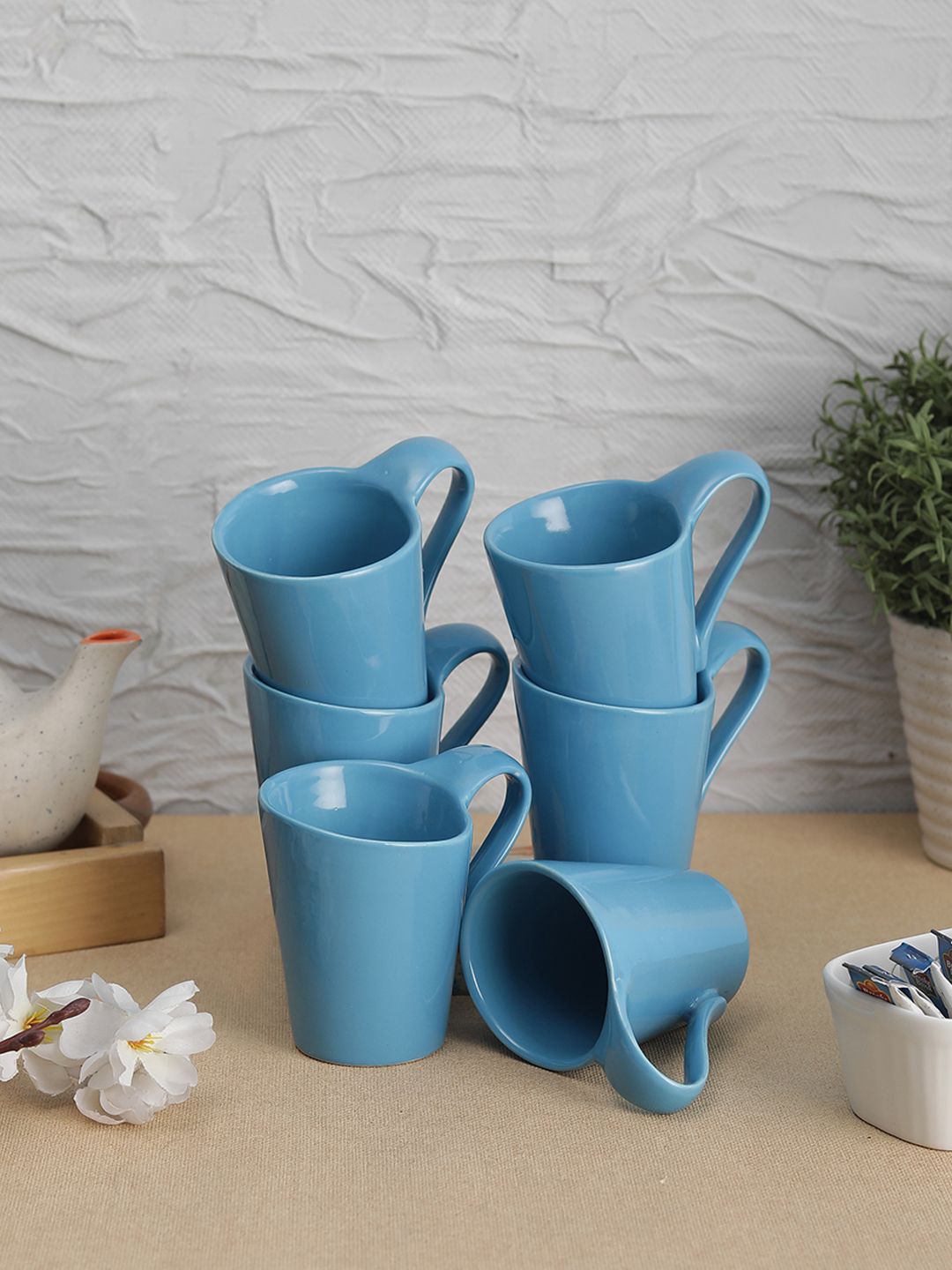 VarEesha Set Of 6 Blue Solid Hand Painted Ceramic Cups Price in India