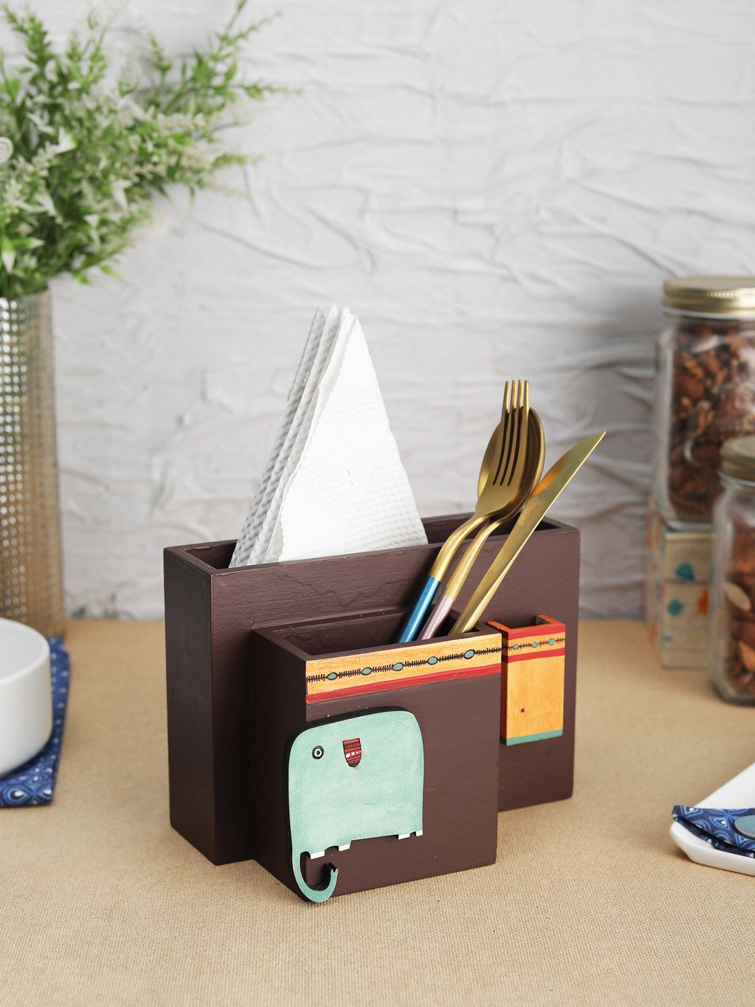 VarEesha Brown & Blue Elephant Wooden Tissue & Spoon Stand with Toothpick Holder Price in India