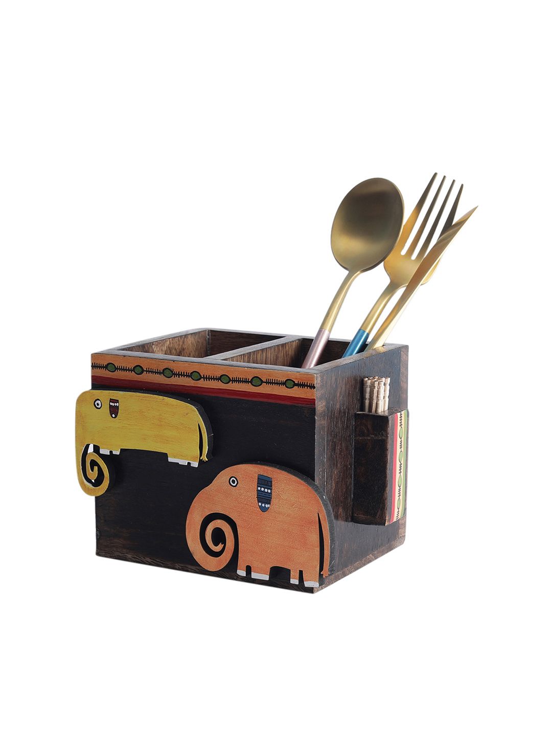 VarEesha Brown Elephant Textured Wood Cutlery and Toothpick Holder Price in India