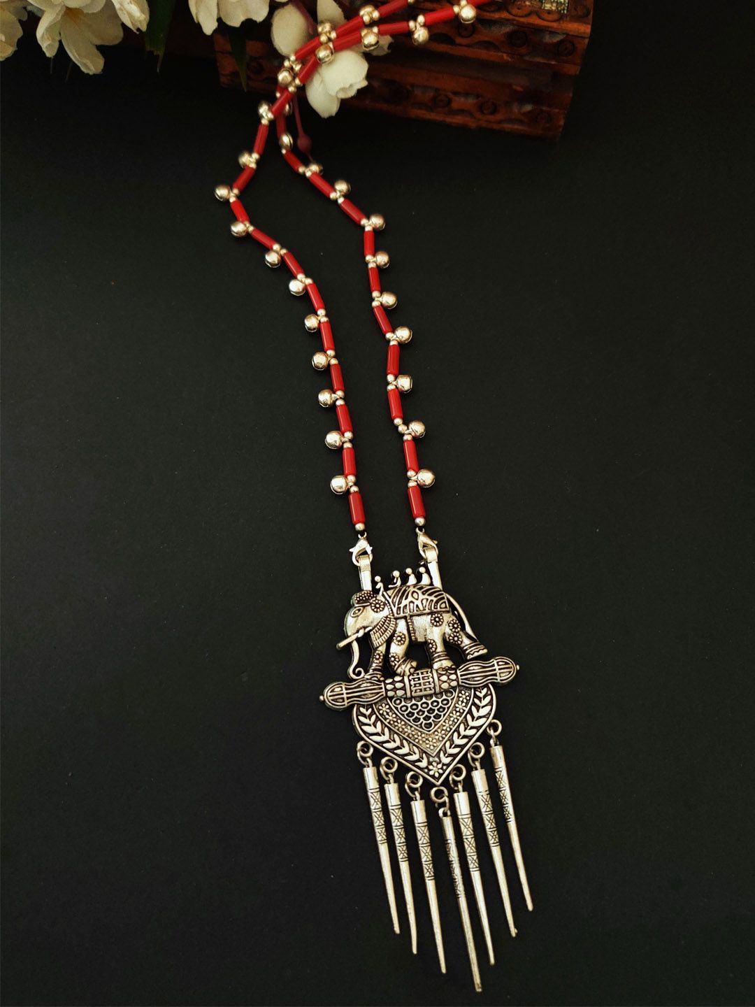 Binnis Wardrobe Red Stone Silver-Plated Handcrafted Elephant Necklace Price in India