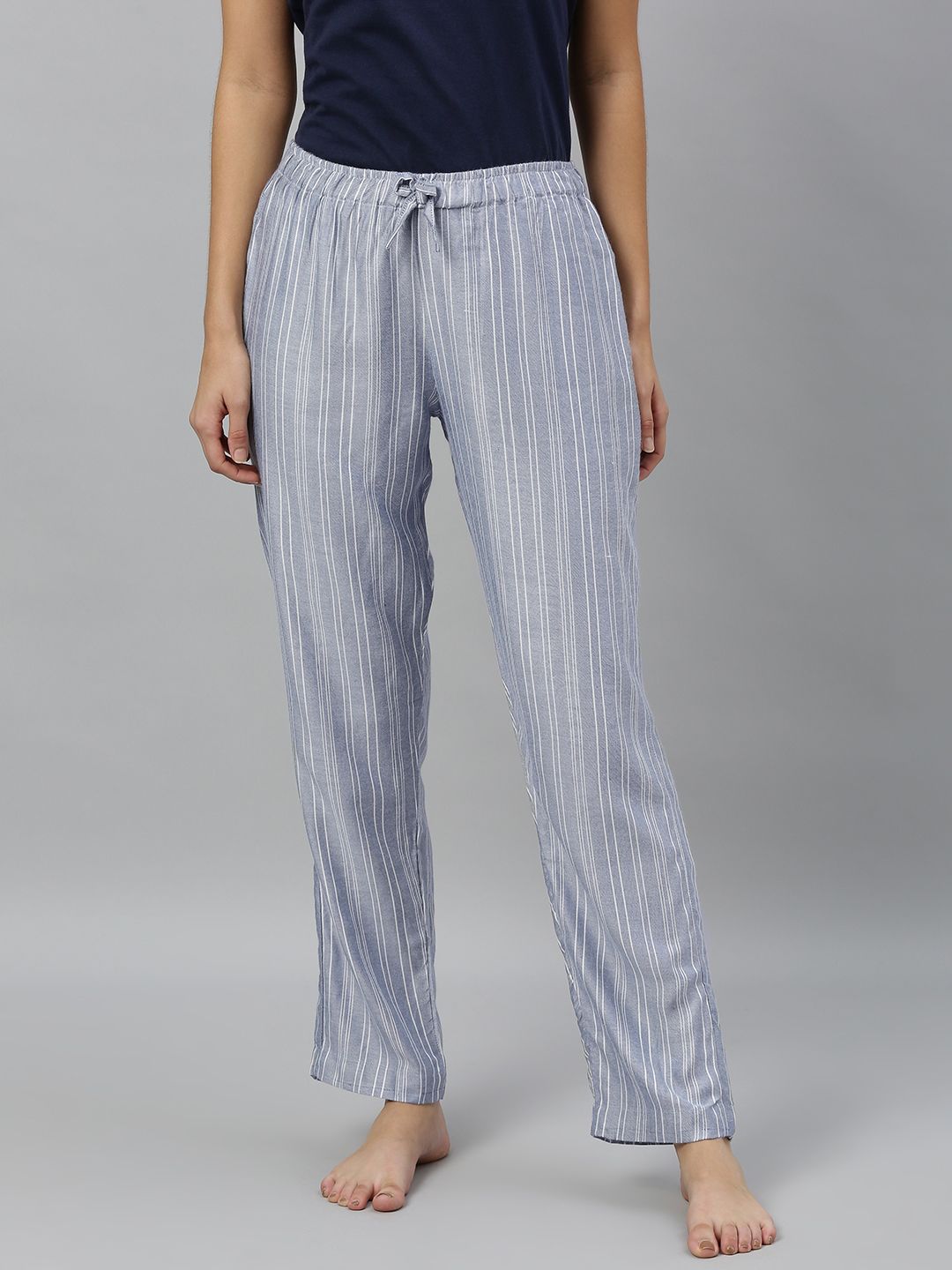 DRAPE IN VOGUE Women Grey & White Striped Lounge Pants Price in India