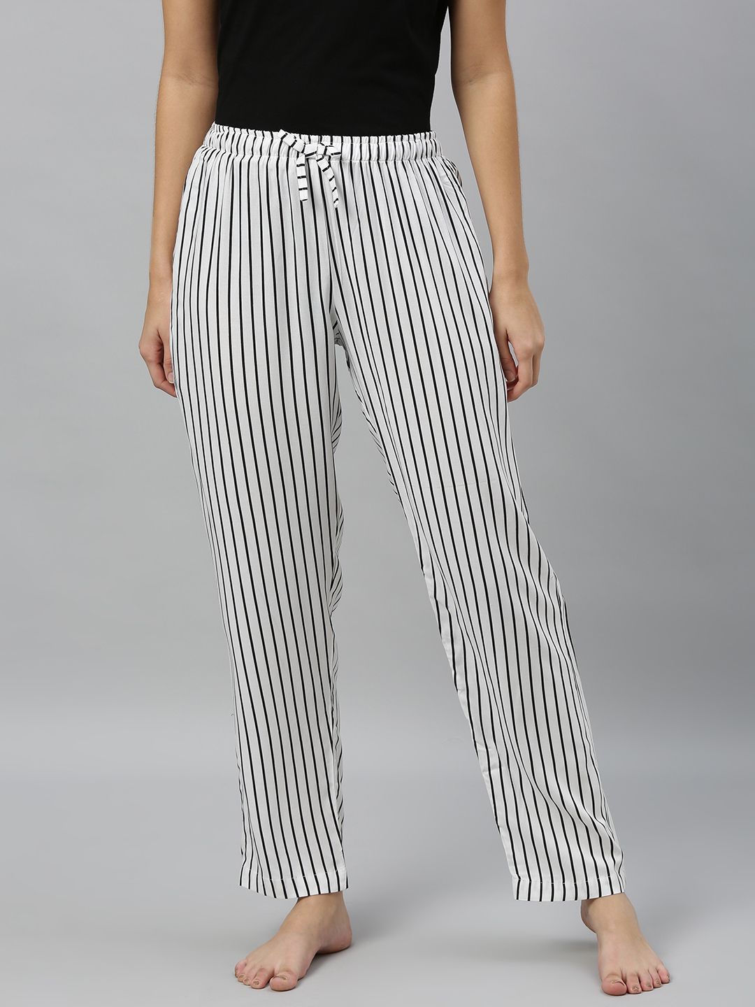 DRAPE IN VOGUE Women White & Black Striped Relaxed Fit Lounge Pants Price in India