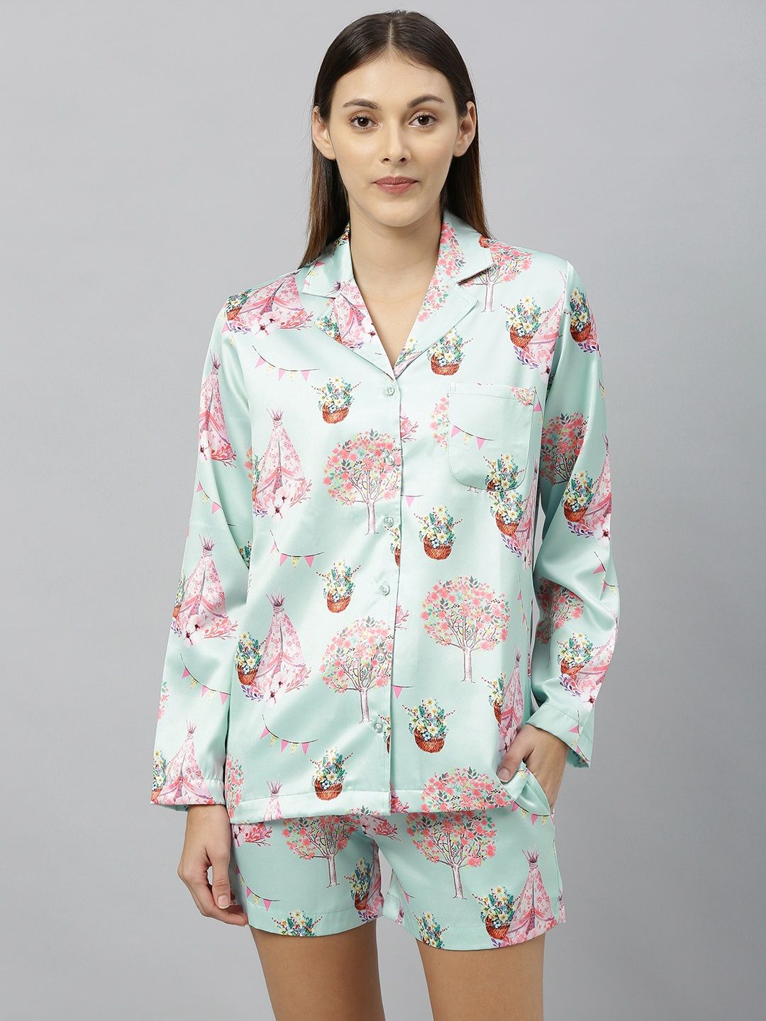 DRAPE IN VOGUE Women Sea Green & Pink Tree Print Night Suit Set Price in India