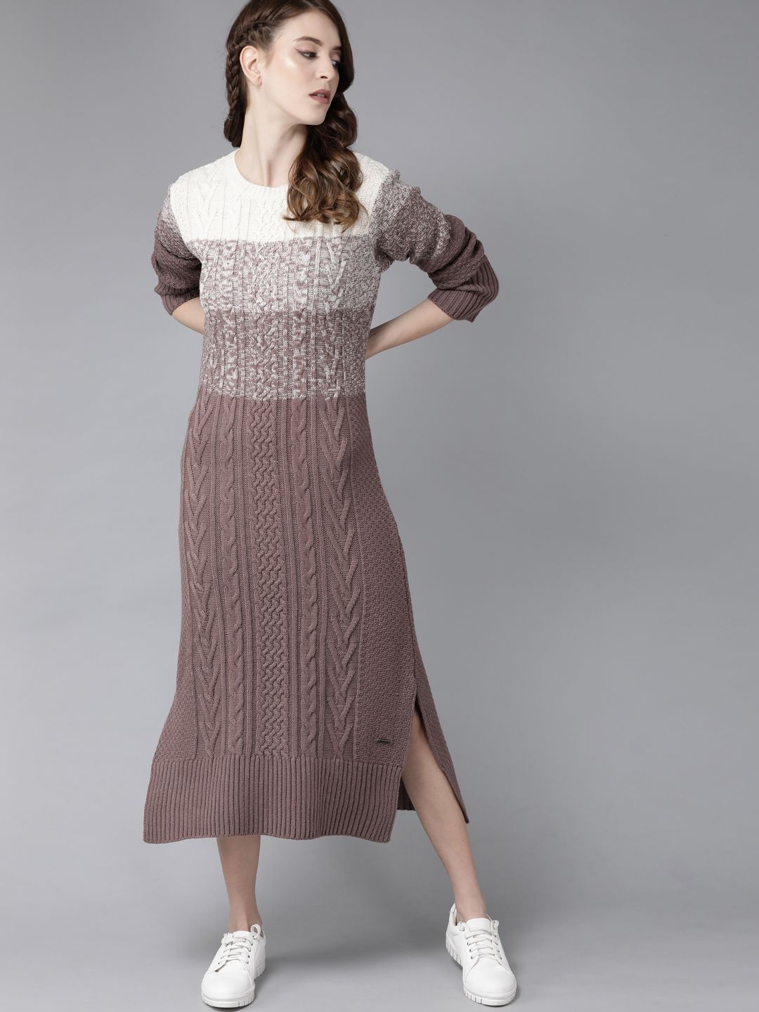 Roadster Mauve & Off-White Colourblocked Jumper Dress Price in India