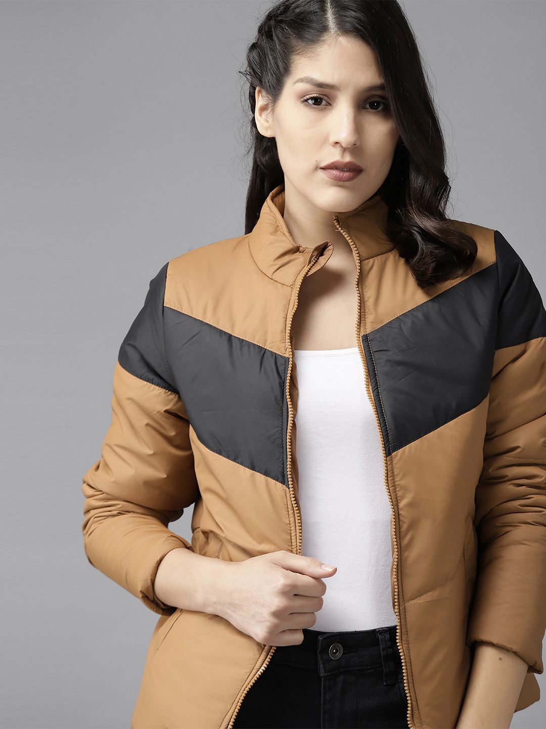 Roadster Women Brown & Black Colourblocked Detail Padded Jacket Price in India