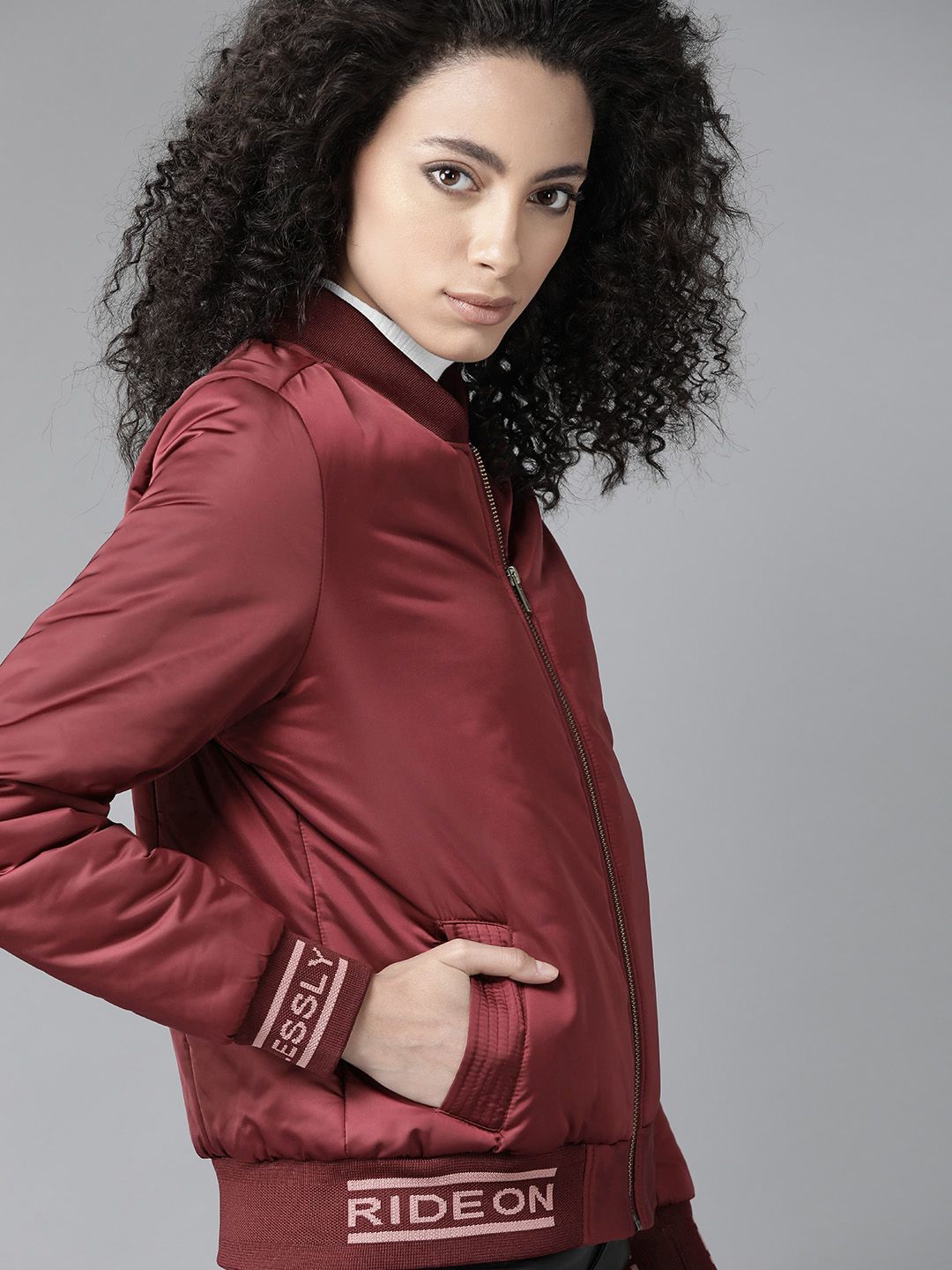 Roadster Women Maroon Solid Bomber Jacket Price in India