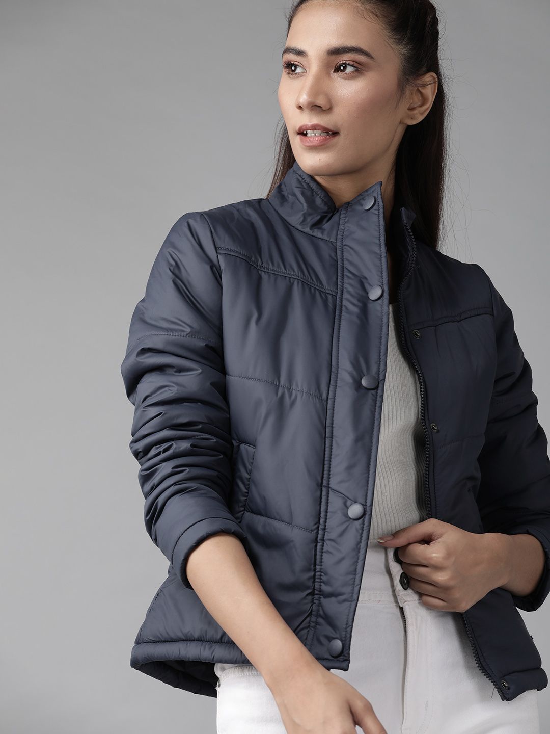Roadster Women Navy Blue Solid Padded Jacket Price in India