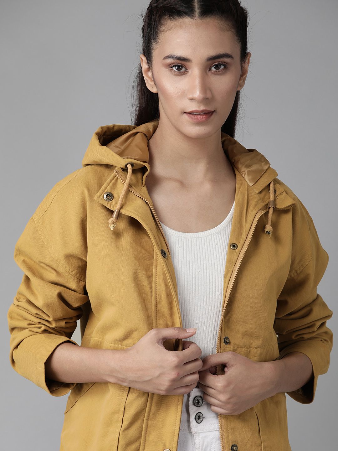Roadster Women Mustard Yellow Solid Hooded Tailored Jacket Price in India