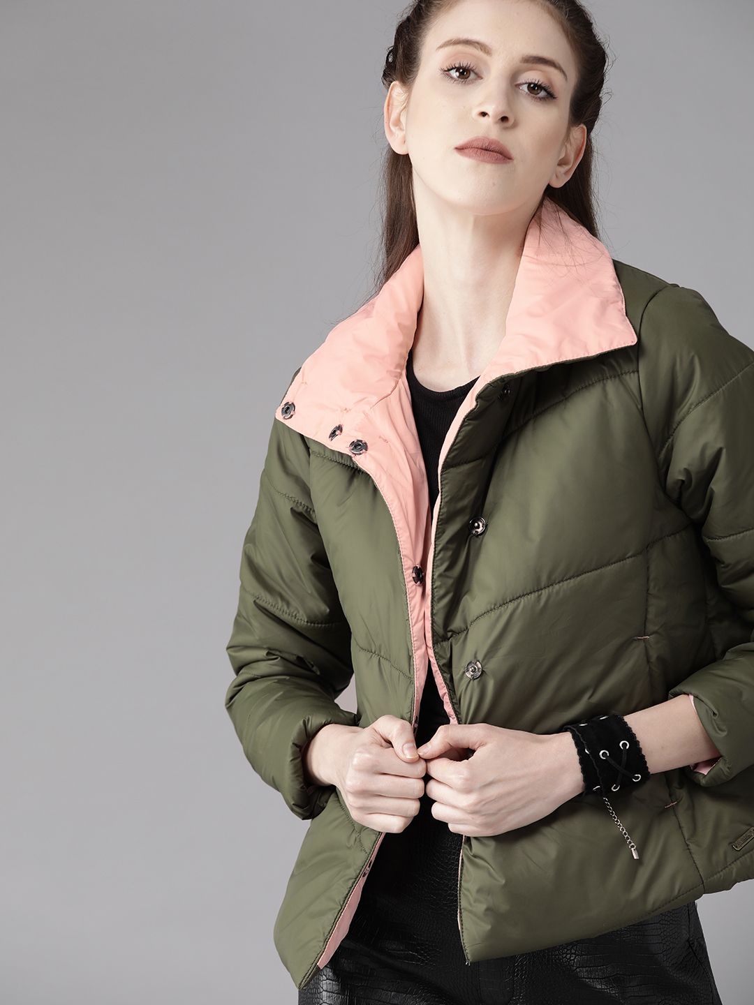 Roadster Women Olive Green &  Peach-Coloured Solid Padded Jacket Price in India