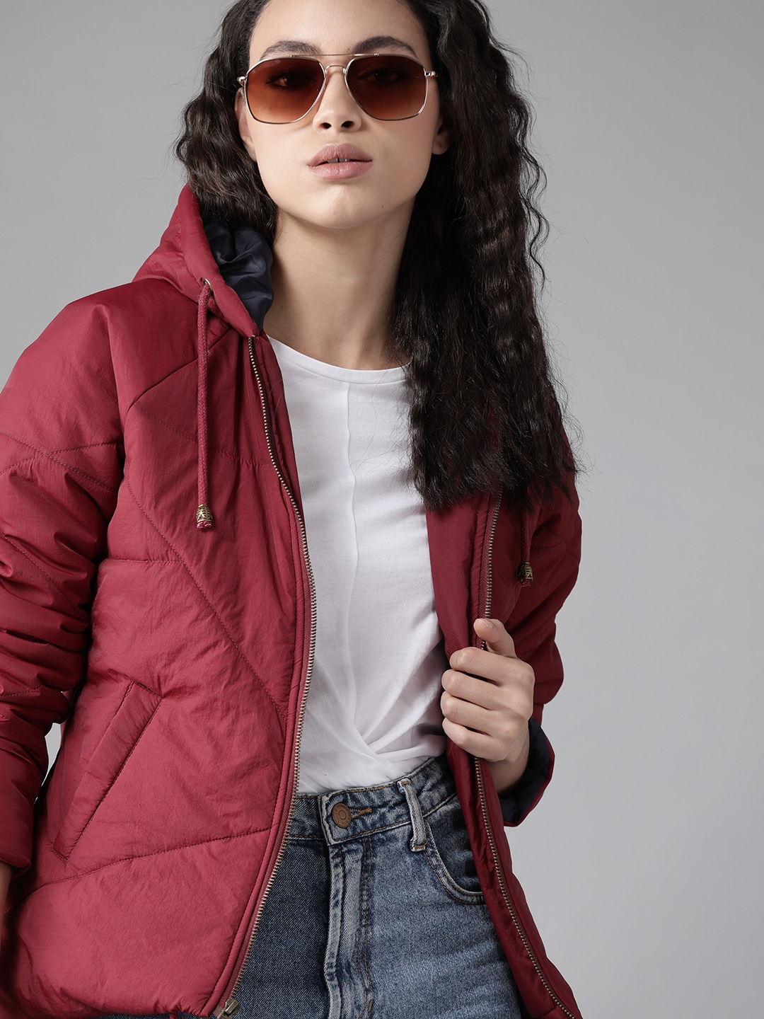 Roadster Women Maroon Solid Hooded Padded Jacket Price in India