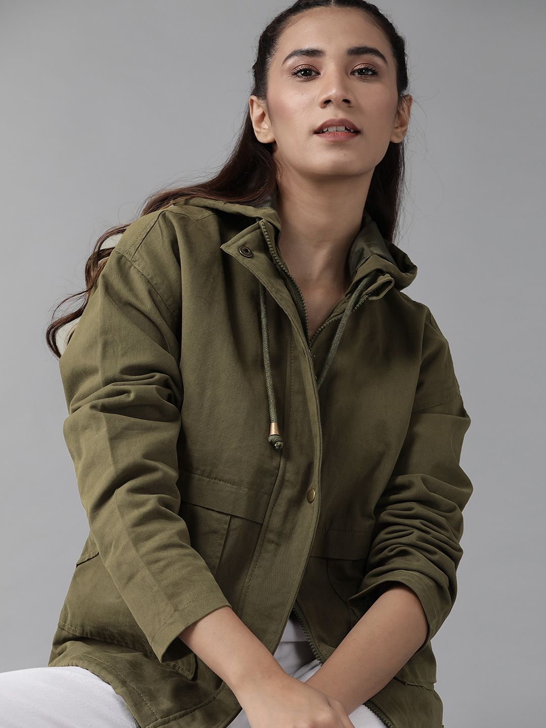 Roadster Women Olive Green Solid Hooded Tailored Jacket Price in India