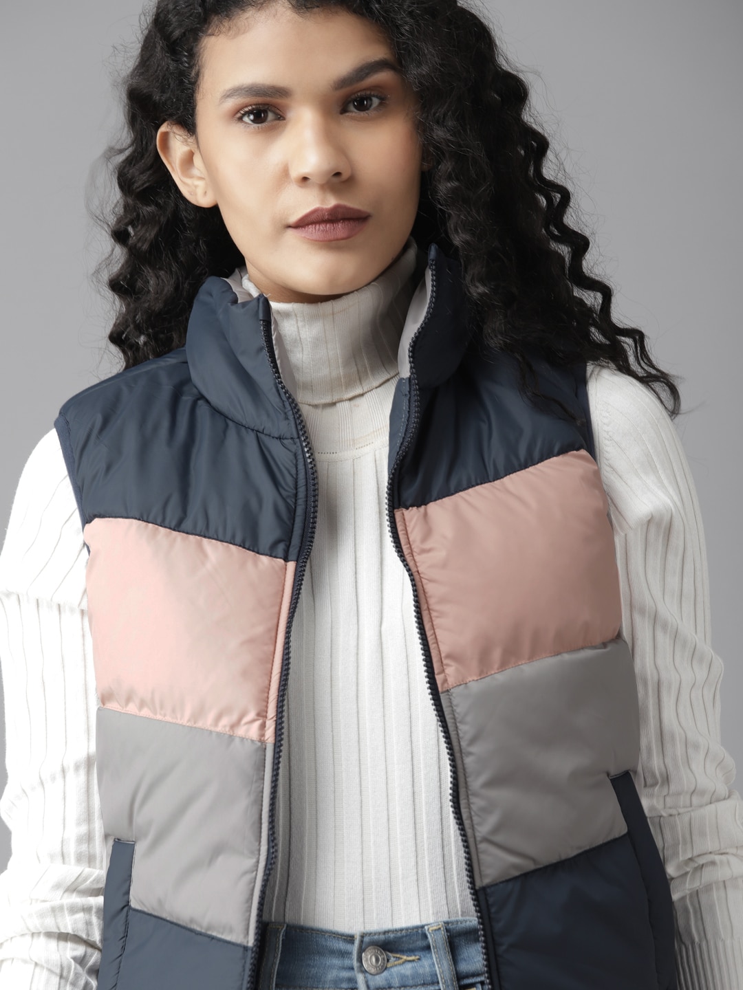 Roadster Women Navy Blue Colourblocked Padded Jacket Price in India