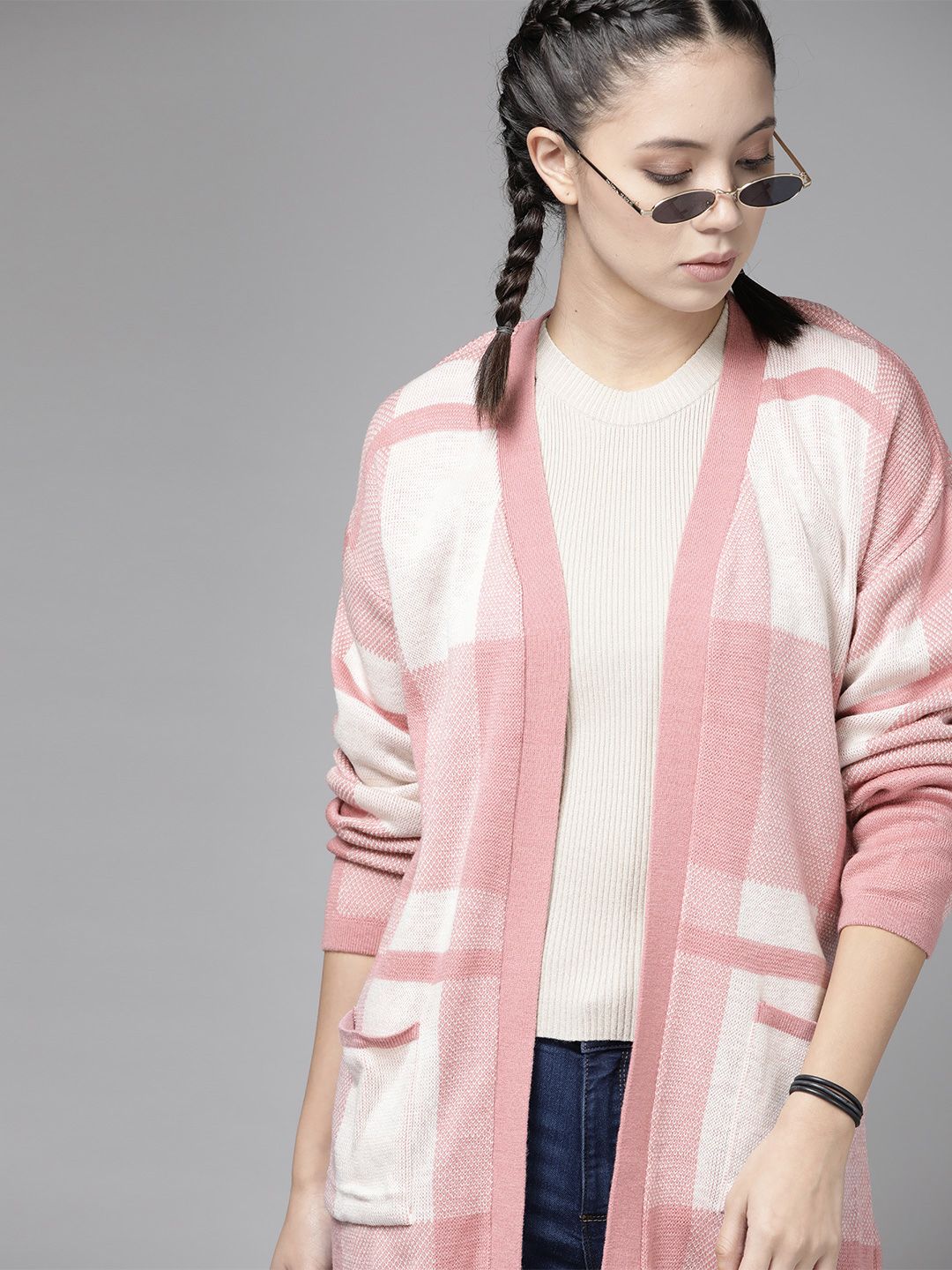 Roadster Women Pink & White Self Checked Longline Acrylic Front-Open Sweater Price in India