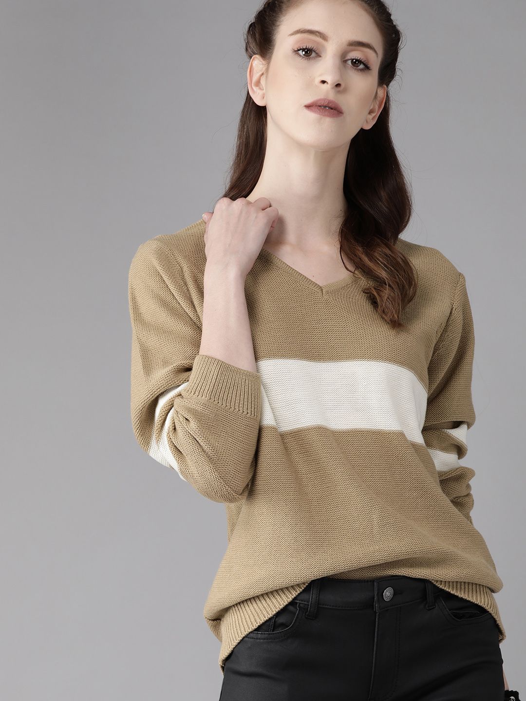 Roadster Women Beige & White Colourblocked Pullover Price in India