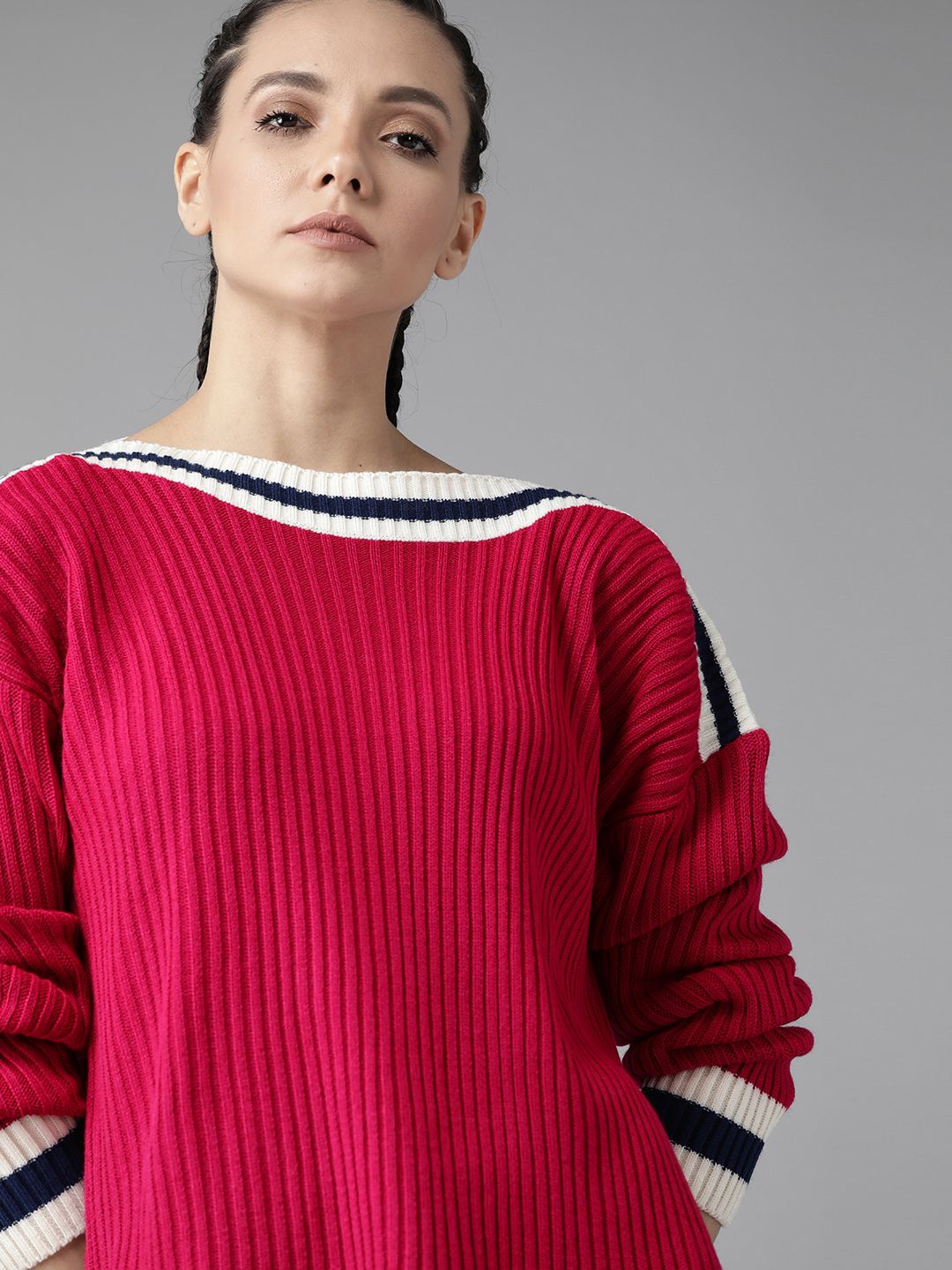 Roadster Women Magenta Self Striped Pullover Sweater Price in India