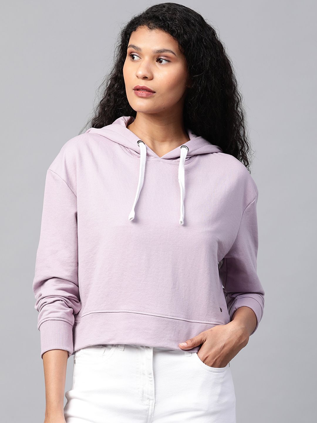 Roadster Women Lavender Solid Boxy Hooded Sweatshirt Price in India